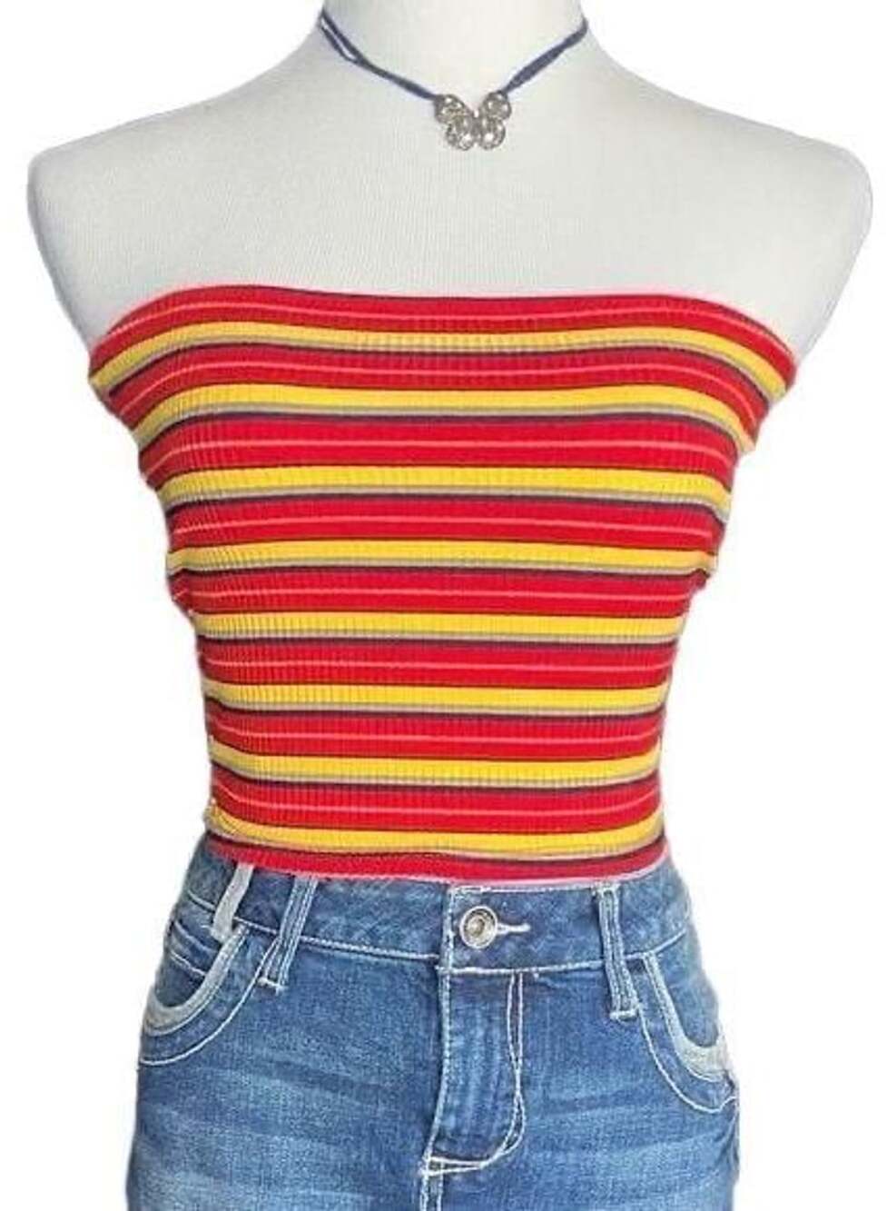 🎽Red & Yellow Striped Ribbed Tube Top